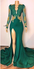 Fairy Dress, Sexy Long Sleeves Emerald Green Prom Dresses On Sale Open Back Side Slit