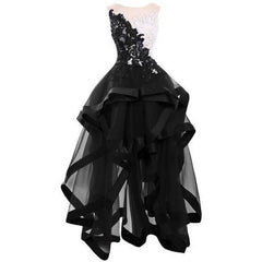Evening Dress Store, black lace appliques homecoming dresses elegant round collar sleeveless party dresses tulle high low homecoming dresses
