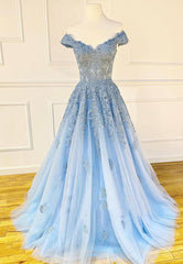 Homecoming Dresses Freshman, Blue Lace Off the Shoulder Prom Dresses, A-Line Evening Dresses