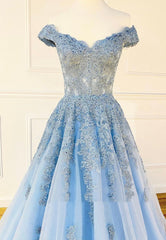 Homecoming Dress Styles, Blue Lace Off the Shoulder Prom Dresses, A-Line Evening Dresses