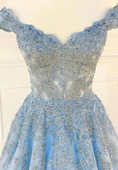 Homecoming Dresses Styles, Blue Lace Off the Shoulder Prom Dresses, A-Line Evening Dresses