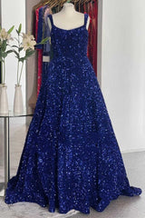 Evening Dress 1935, Red Sequin Square Neck Backless A-Line Long Prom Gown