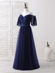 Bridesmaid Dresses Long, Dark Blue A-Line Lace Tulle Long Prom Dress Blue Evening Dress