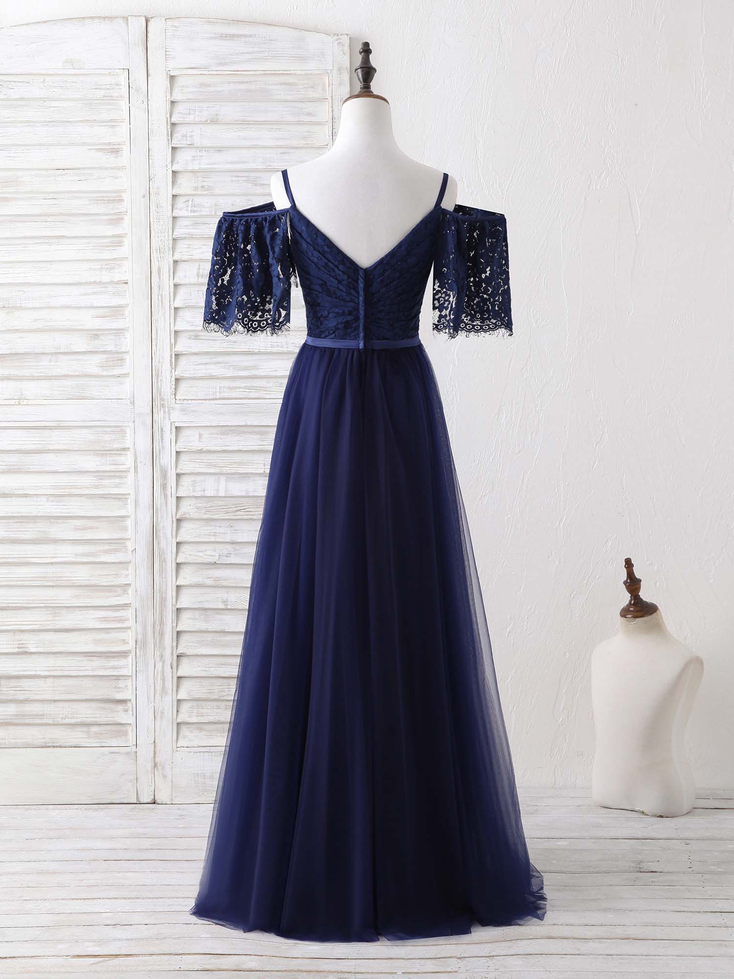 Bridesmaid Dress Elegant, Dark Blue A-Line Lace Tulle Long Prom Dress Blue Evening Dress