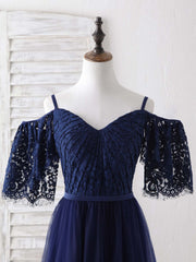 Bridesmaid Dress Formal, Dark Blue A-Line Lace Tulle Long Prom Dress Blue Evening Dress