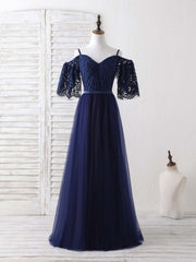 Bridesmaid Dress Ideas, Dark Blue A-Line Lace Tulle Long Prom Dress Blue Evening Dress