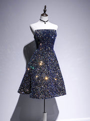 Formal Dress For Teens, Dark Blue A-Line Sequin Lace Short Prom Dress, Blue Homecoming Dress