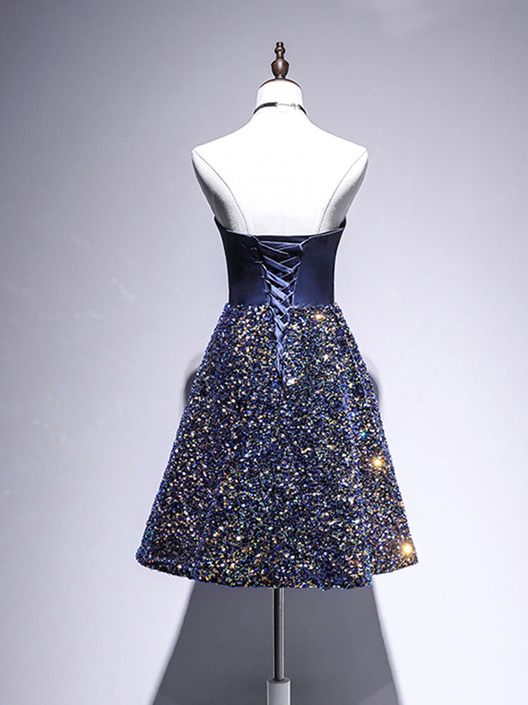 Formal Dress For Graduation, Dark Blue A-Line Sequin Lace Short Prom Dress, Blue Homecoming Dress