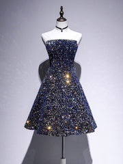 Formal Dresses For Teen, Dark Blue A-Line Sequin Lace Short Prom Dress, Blue Homecoming Dress