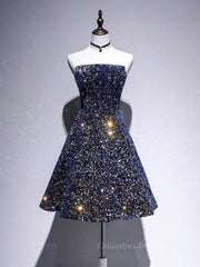 Homecoming Dress Sparkle, Dark Blue A-Line Sequin Lace Short Prom Dress, Cute Blue Homecoming Dress