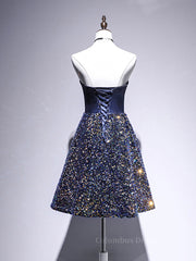 Homecoming Dresses Sparkles, Dark Blue A-Line Sequin Lace Short Prom Dress, Cute Blue Homecoming Dress