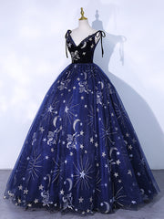 Formal Dresses Black, Dark Blue A-Line Tulle Lace Long Prom Dress, Dark Blue Long Formal Dress