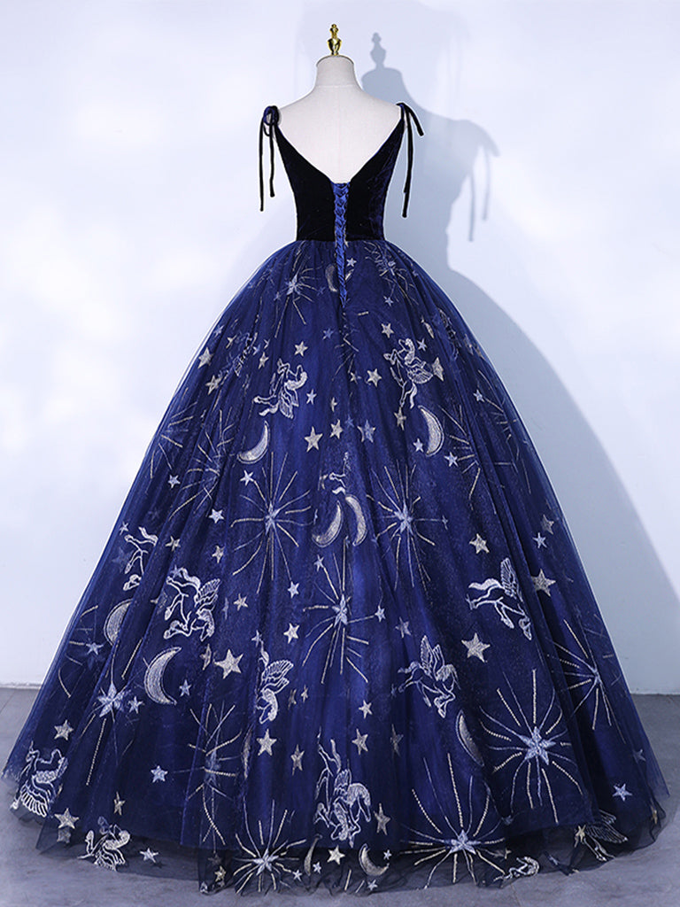 Formal Dress Black, Dark Blue A-Line Tulle Lace Long Prom Dress, Dark Blue Long Formal Dress