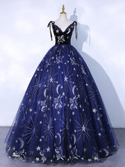 Formal Dresses Long Sleeve, Dark Blue A-Line Tulle Lace Long Prom Dress, Dark Blue Long Formal Dress