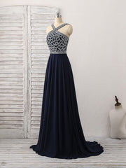 Prom Dress Inspirational, Dark Blue Chiffon Beads Long Prom Dress, Blue Evening Dress