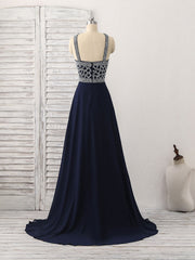 Prom Dresses Pink, Dark Blue Chiffon Beads Long Prom Dress, Blue Evening Dress