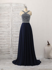 Prom Dresses Inspiration, Dark Blue Chiffon Beads Long Prom Dress, Blue Evening Dress