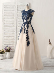 Party Dresses For Girls, Dark Blue Lace Applique Tulle Long Prom Dress Blue Bridesmaid Dress