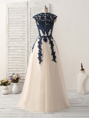 Party Dress Wedding Guest Dress, Dark Blue Lace Applique Tulle Long Prom Dress Blue Bridesmaid Dress