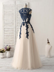 Party Dress Roman, Dark Blue Lace Applique Tulle Long Prom Dress Blue Bridesmaid Dress