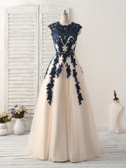 Party Dress Shiny, Dark Blue Lace Applique Tulle Long Prom Dress Blue Bridesmaid Dress