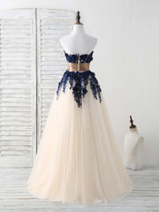 Prom Dresses For Kids, Dark Blue Lace Applique Tulle Long Prom Dress Blue Bridesmaid Dress