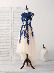 Bridesmaid Dresses Color Palette, Dark Blue Lace Tulle High Low Prom Dress Blue Bridesmaid Dress