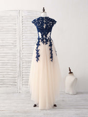 Bridesmaid Dresses Color Palettes, Dark Blue Lace Tulle High Low Prom Dress Blue Bridesmaid Dress