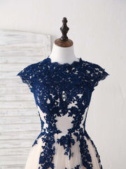 Bridesmaid Dress Color Palette, Dark Blue Lace Tulle High Low Prom Dress Blue Bridesmaid Dress