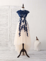 Bridesmaid Dress Color Palettes, Dark Blue Lace Tulle High Low Prom Dress Blue Bridesmaid Dress