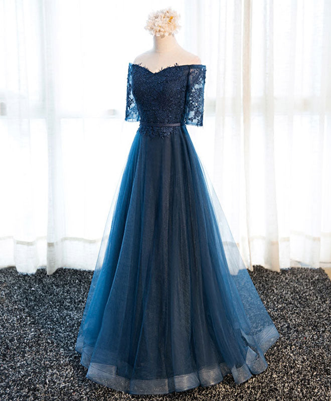 Prom Dresses, Dark Blue Lace Tulle Long Prom Dress, Lace Evening Dress