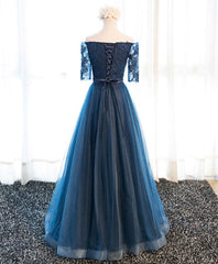 Wedding Dress, Dark Blue Lace Tulle Long Prom Dress, Lace Evening Dress