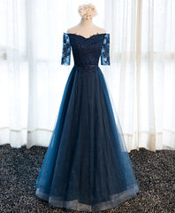 Prom Dress Modest, Dark Blue Lace Tulle Long Prom Dress, Lace Evening Dress