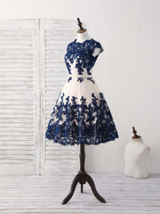 Bridesmaid Dresse Styles, Dark Blue Lace Tulle Short Prom Dress Blue Bridesmaid Dress
