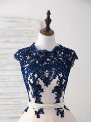 Bridesmaid Dress Style, Dark Blue Lace Tulle Short Prom Dress Blue Bridesmaid Dress
