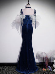 Homecoming Dresses Freshman, Dark Blue Mermaid Velvet Long Prom Dresses, Blue Formal Evening Dress