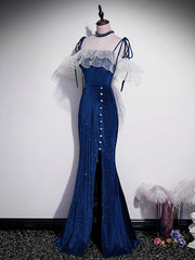 Homecoming Dress Classy, Dark Blue Mermaid Velvet Long Prom Dresses, Blue Formal Evening Dress