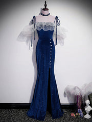 Homecoming Dress Styles, Dark Blue Mermaid Velvet Long Prom Dresses, Blue Formal Evening Dress