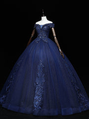 Bridesmaid Dresses Mismatching, Dark Blue Off Shoulder Tulle Lace Long Prom Gown, Blue Sweet 16 Dress With Beading Sequin