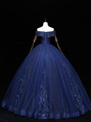 Bridesmaids Dresses Mismatched, Dark Blue Off Shoulder Tulle Lace Long Prom Gown, Blue Sweet 16 Dress With Beading Sequin