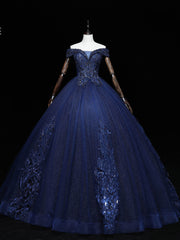 Bridesmaids Dress Mismatched, Dark Blue Off Shoulder Tulle Lace Long Prom Gown, Blue Sweet 16 Dress With Beading Sequin