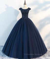 Party Dresses White, Dark blue round neck tulle lace long prom dress, blue tulle lace evening dress