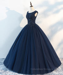 Party Dress In White, Dark blue round neck tulle lace long prom dress, blue tulle lace evening dress