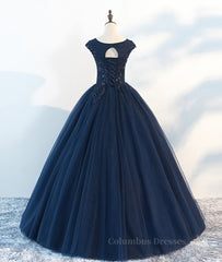 Party Dress Shiny, Dark blue round neck tulle lace long prom dress, blue tulle lace evening dress