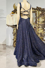 Bridesmaid Dress Blue, Dark blue sequin long prom dress , blue evening dress