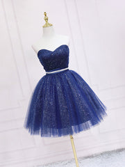 Prom Dress Two Piece, Dark Blue Sweetheart Neck Tulle Sequin Short Prom Dress Blue Puffy Homecoming Dress