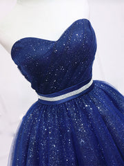 Prom Dresse Two Piece, Dark Blue Sweetheart Neck Tulle Sequin Short Prom Dress Blue Puffy Homecoming Dress