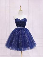Prom Dresses Two Pieces, Dark Blue Sweetheart Neck Tulle Sequin Short Prom Dress Blue Puffy Homecoming Dress