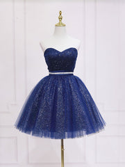 Prom Dress Ideas Black Girl, Dark Blue Sweetheart Neck Tulle Sequin Short Prom Dress Blue Puffy Homecoming Dress