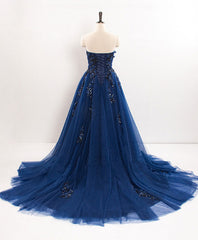 Homecoming Dresses Unique, Dark Blue Sweetheart Tulle Lace Long Prom Dress Blue Tulle Evening Dress